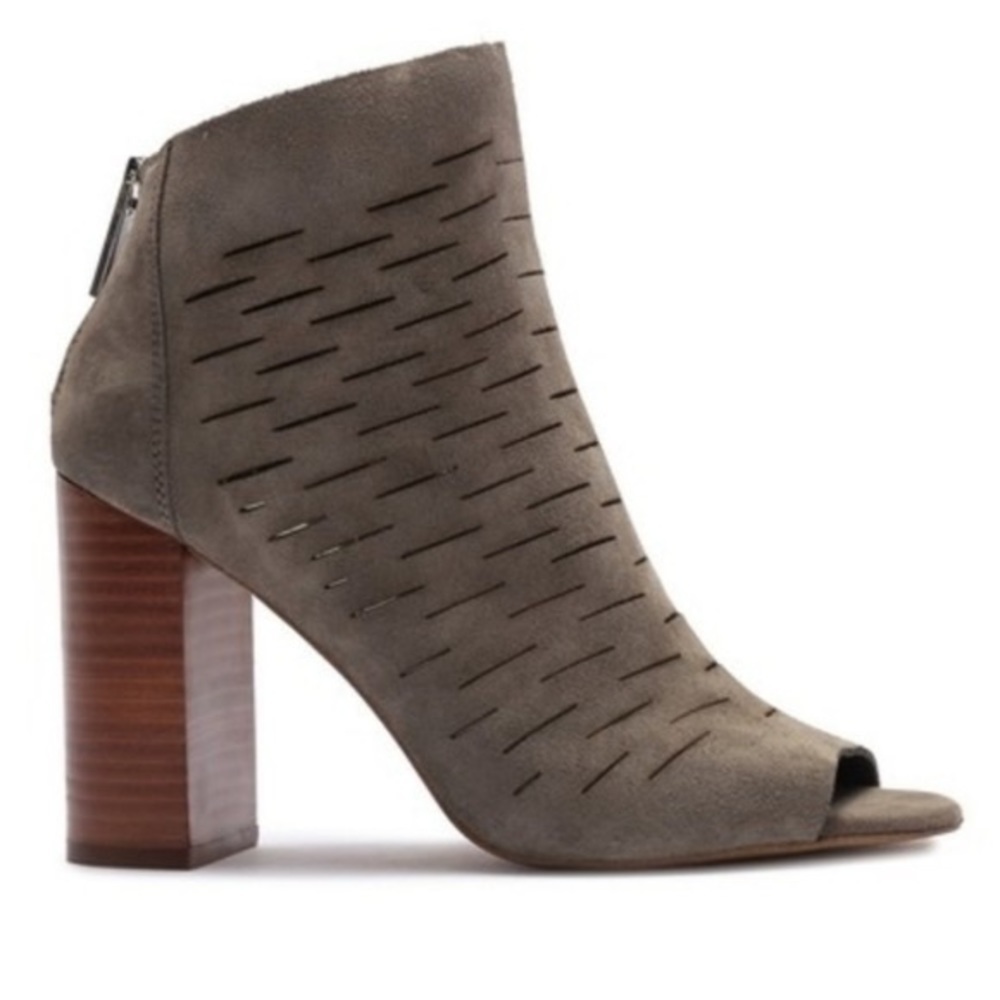 1.State Shiya Ankle Booties in Shale | Stacked Heel Peep Toe Nubuck Suede Shooti